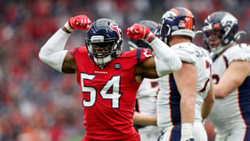 HOUSTON, TX - DECEMBER 08: Jake Martin #54 of the Houston Texans reacts after sacking Drew Lock #3 of the Denver Broncos in the fourth quarter at NRG Stadium on December 8, 2019 in Houston, Texas. (Photo by Tim Warner/Getty Images)