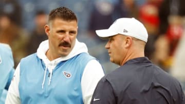 NASHVILLE, TENNESSEE - DECEMBER 15: Head coach Mike Vrabel of the Tennessee Titans speaks to head coach Bill O'Brien of the Houston Texans prior to a game against at Nissan Stadium on December 15, 2019 in Nashville, Tennessee. (Photo by Frederick Breedon/Getty Images)