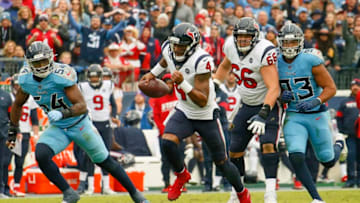 NASHVILLE, TENNESSEE - DECEMBER 15: Deshaun Watson #4 of the Houston Texans scrambles against the Tennessee Titans during the second half at Nissan Stadium on December 15, 2019 in Nashville, Tennessee. (Photo by Frederick Breedon/Getty Images)