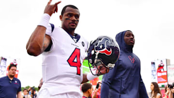 TAMPA, FLORIDA - DECEMBER 21: Deshaun Watson #4 of the Houston Texans walks back to the locker room prior to a game against the Tampa Bay Buccaneers at Raymond James Stadium on December 21, 2019 in Tampa, Florida. (Photo by Julio Aguilar/Getty Images)