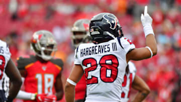 TAMPA, FLORIDA - DECEMBER 21: Vernon III Hargreaves #28 of the Houston Texans waves his finger after a play against the Tampa Bay Buccaneers at Raymond James Stadium on December 21, 2019 in Tampa, Florida. (Photo by Julio Aguilar/Getty Images)