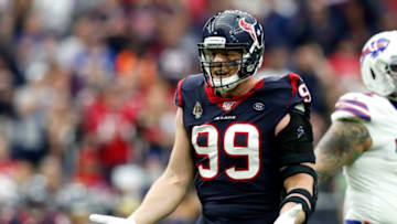 HOUSTON, TEXAS - JANUARY 04: J.J. Watt #99 of the Houston Texans reacts against the Buffalo Bills during the first quarter of the AFC Wild Card Playoff game at NRG Stadium on January 04, 2020 in Houston, Texas. (Photo by Tim Warner/Getty Images)