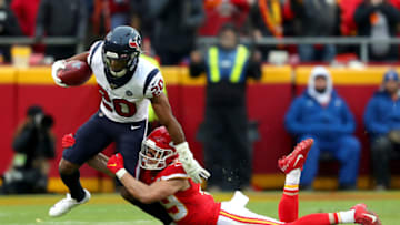 KANSAS CITY, MISSOURI - JANUARY 12: Justin Reid #20 of the Houston Texans is tackled by Daniel Sorensen #49 of the Kansas City Chiefs on a fake punt attempt during the second quarter in the AFC Divisional playoff game at Arrowhead Stadium on January 12, 2020 in Kansas City, Missouri. (Photo by Tom Pennington/Getty Images)