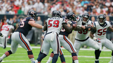 HOUSTON, TX - SEPTEMBER 11: Whitney Merciless #59 of the Houston Texans strips the ball away from Jay Cutler #6 of the Chicago Bears as J.J. Watt #99 and Benardrick McKinney #55 apply pressure in the fourth quarter during a NFL football game at NRG Stadium on September 11, 2016 in Houston, Texas. (Photo by Bob Levey/Getty Images)
