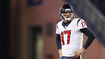 FOXBORO, MA - JANUARY 14: Brock Osweiler #17 of the Houston Texans looks on in the second half against the New England Patriots during the AFC Divisional Playoff Game at Gillette Stadium on January 14, 2017 in Foxboro, Massachusetts. (Photo by Elsa/Getty Images)