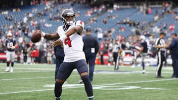 FOXBOROUGH, MA - SEPTEMBER 09: Deshaun Watson #4 of the Houston Texans warms up before the game against the New England Patriots at Gillette Stadium on September 9, 2018 in Foxborough, Massachusetts. (Photo by Maddie Meyer/Getty Images)