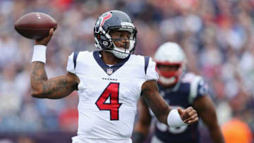 FOXBOROUGH, MA - SEPTEMBER 09: Deshaun Watson #4 of the Houston Texans looks to throw a pass during the first half against the New England Patriots at Gillette Stadium on September 9, 2018 in Foxborough, Massachusetts. (Photo by Maddie Meyer/Getty Images)