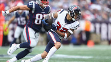FOXBOROUGH, MA - SEPTEMBER 09: Tyrann Mathieu #32 of the Houston Texans runs with the ball after recovering a fumble by Rob Gronkowski #87 of the New England Patriots during the third quarter at Gillette Stadium on September 9, 2018 in Foxborough, Massachusetts. (Photo by Maddie Meyer/Getty Images)