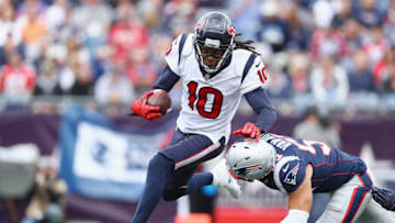 FOXBOROUGH, MA - SEPTEMBER 09: Kyle Van Noy #53 of the New England Patriots tackles DeAndre Hopkins #10 of the Houston Texans during the second half at Gillette Stadium on September 9, 2018 in Foxborough, Massachusetts. (Photo by Maddie Meyer/Getty Images)