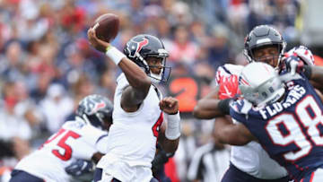 FOXBOROUGH, MA - SEPTEMBER 09: Deshaun Watson #4 of the Houston Texans throws a pass during the second half against the New England Patriots at Gillette Stadium on September 9, 2018 in Foxborough, Massachusetts. (Photo by Maddie Meyer/Getty Images)