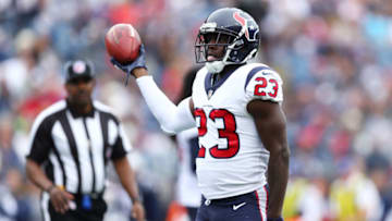 FOXBOROUGH, MA - SEPTEMBER 9: Johnson Bademosi #23 of the Houston Texans celebrates during the second half against the New England Patriots on September 9, 2018 at Gillette Stadium in Foxborough, Massachusetts.(Photo by Maddie Meyer/Getty Images)
