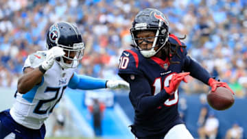 NASHVILLE, TN - SEPTEMBER 16: DeAndre Hopkins #10 of the Houston Texans rushes against Malcom Butler #21 of the Tennessee Titans during the second quarter at Nissan Stadium on September 16, 2018 in Nashville, Tennessee. (Photo by Andy Lyons/Getty Images)