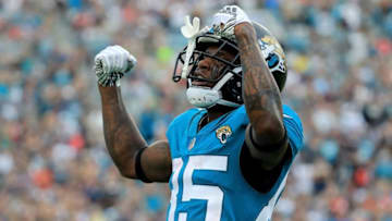 JACKSONVILLE, FL - SEPTEMBER 16: Jaydon Mickens #85 of the Jacksonville Jaguars celebrates during the game against the New England Patriots at TIAA Bank Field on September 16, 2018 in Jacksonville, Florida. (Photo by Sam Greenwood/Getty Images)