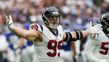 HOUSTON, TX - SEPTEMBER 23: J.J. Watt #99 of the Houston Texans celebrates a sack of Eli Manning of the New York Giants in the fourth quarter at NRG Stadium on September 23, 2018 in Houston, Texas. (Photo by Bob Levey/Getty Images)