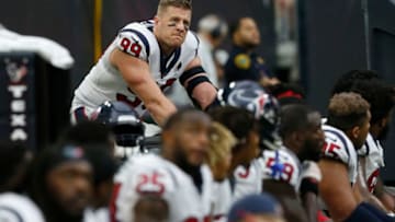 HOUSTON, TX - SEPTEMBER 23: J.J. Watt #99 of the Houston Texans rides the bike on the sideline in the second half against the New York Giants at NRG Stadium on September 23, 2018 in Houston, Texas. (Photo by Tim Warner/Getty Images)
