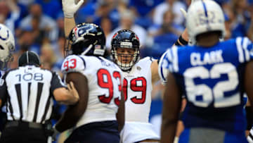 INDIANAPOLIS, IN - SEPTEMBER 30: J.J. Watt #99 of the Houston Texans celebrates with his team after a touchdown in the game against the Indianapolis Colts at Lucas Oil Stadium on September 30, 2018 in Indianapolis, Indiana. (Photo by Andy Lyons/Getty Images)