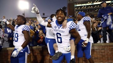 COLUMBIA, MO - OCTOBER 27: Cornerback Lonnie Johnson Jr. #6 of the Kentucky Wildcats celebrates with teammates and fans after the Wildcats defeated the Missouri Tigers 15-14 to win the game at Faurot Field/Memorial Stadium on October 27, 2018 in Columbia, Missouri. (Photo by Jamie Squire/Getty Images)