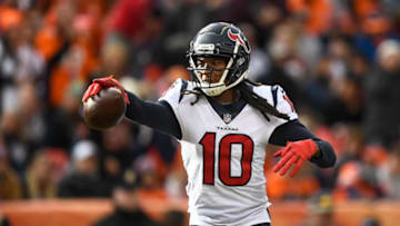 DENVER, CO - NOVEMBER 4: Wide receiver DeAndre Hopkins #10 of the Houston Texans celebrates a second quarter touchdown catch during a game against the Denver Broncos at Broncos Stadium at Mile High on November 4, 2018 in Denver, Colorado. (Photo by Dustin Bradford/Getty Images)