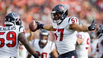 LANDOVER, MD - NOVEMBER 18: Brennan Scarlett #57 of the Houston Texans reacts after intercepting a pass in the second quarter of the game against the Washington Redskins at FedExField on November 18, 2018 in Landover, Maryland. (Photo by Joe Robbins/Getty Images)