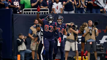HOUSTON, TX - DECEMBER 02: Jordan Thomas #83 and Ryan Griffin #84 of the Houston Texans celebrate a touchdown reception against the Cleveland Browns in the first quarter at NRG Stadium on December 2, 2018 in Houston, Texas. (Photo by Bob Levey/Getty Images)