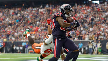 HOUSTON, TX - DECEMBER 02: Andre Hal #29 of the Houston Texans intercepts a pass intended for David Njoku #85 of the Cleveland Browns in the second quarter at NRG Stadium on December 2, 2018 in Houston, Texas. (Photo by Tim Warner/Getty Images)