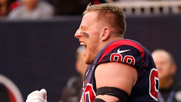 HOUSTON, TX - DECEMBER 02: J.J. Watt #99 of the Houston Texans is introduced to the crowd before playing the Cleveland Browns at NRG Stadium on December 2, 2018 in Houston, Texas. (Photo by Bob Levey/Getty Images)