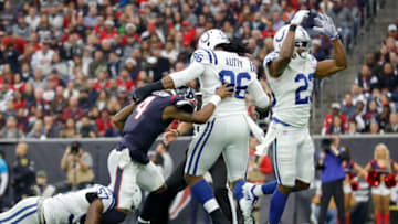 HOUSTON, TX - DECEMBER 09: Kenny Moore #23 of the Indianapolis Colts celebrates sacking Deshaun Watson #4 of the Houston Texans in the first quarter at NRG Stadium on December 9, 2018 in Houston, Texas. (Photo by Tim Warner/Getty Images)