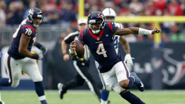 HOUSTON, TX - DECEMBER 09: Deshaun Watson #4 of the Houston Texans scrambles in the first quarter against the Indianapolis Colts at NRG Stadium on December 9, 2018 in Houston, Texas. (Photo by Tim Warner/Getty Images)