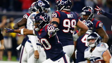 HOUSTON, TEXAS - NOVEMBER 26: Justin Reid #20 of the Houston Texans reacts after after a defensive stop during the second quarter against the Tennessee Titans at NRG Stadium on November 26, 2018 in Houston, Texas. (Photo by Bob Levey/Getty Images)