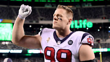 EAST RUTHERFORD, NJ - DECEMBER 15: J.J. Watt #99 of the Houston Texans celebrates his team's win over the New York Jets at MetLife Stadium on December 15, 2018 in East Rutherford, New Jersey. The Texans defeated the Jets 29-22. (Photo by Steven Ryan/Getty Images)