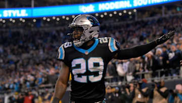 CHARLOTTE, NC - DECEMBER 17: Mike Adams #29 of the Carolina Panthers reacts after a New Orleans Saints turnover in the fourth during their game at Bank of America Stadium on December 17, 2018 in Charlotte, North Carolina. (Photo by Grant Halverson/Getty Images)