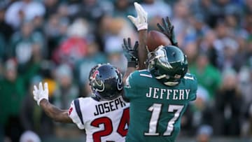PHILADELPHIA, PA - DECEMBER 23: Cornerback Johnathan Joseph #24 of the Houston Texans breaks up a pass against wide receiver Alshon Jeffery #17 of the Philadelphia Eagles in the first quarter at Lincoln Financial Field on December 23, 2018 in Philadelphia, Pennsylvania. (Photo by Brett Carlsen/Getty Images)