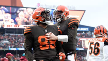 CLEVELAND, OH - DECEMBER 23: Darren Fells #88 celebrates his touchdown with Baker Mayfield #6 of the Cleveland Browns during the second quarter against the Cincinnati Bengals at FirstEnergy Stadium on December 23, 2018 in Cleveland, Ohio. (Photo by Jason Miller/Getty Images)