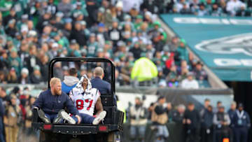 PHILADELPHIA, PA - DECEMBER 23: Wide receiver Demaryius Thomas #87 of the Houston Texans is carted off after an injury reportedly diagnosed as a torn achilles during the fourth quarter against the Philadelphia Eagles at Lincoln Financial Field on December 23, 2018 in Philadelphia, Pennsylvania. (Photo by Brett Carlsen/Getty Images)