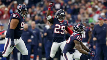 HOUSTON, TX - DECEMBER 30: Kareem Jackson #25 of the Houston Texans celebrates after a tackle in the third quarter against the Jacksonville Jaguars at NRG Stadium on December 30, 2018 in Houston, Texas. (Photo by Tim Warner/Getty Images)