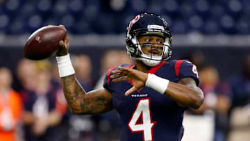 HOUSTON, TEXAS - DECEMBER 30: Deshaun Watson #4 of the Houston Texans warms up before playing the Jacksonville Jaguars at NRG Stadium on December 30, 2018 in Houston, Texas. (Photo by Bob Levey/Getty Images)