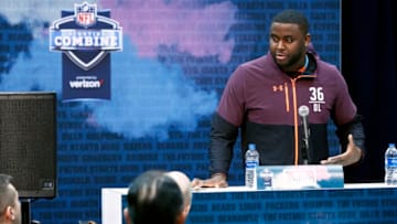 INDIANAPOLIS, IN - FEBRUARY 28: Offensive lineman Greg Little of Ole Miss speaks to the media during day one of interviews at the NFL Combine at Lucas Oil Stadium on February 28, 2019 in Indianapolis, Indiana. (Photo by Joe Robbins/Getty Images)