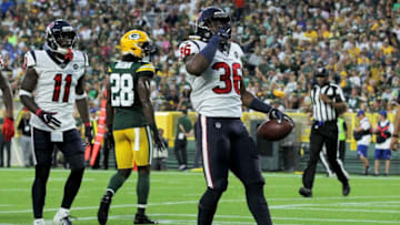 GREEN BAY, WISCONSIN - AUGUST 08: Damarea Crockett #36 of the Houston Texans celebrates after scoring a touchdown in the second quarter against the Green Bay Packers during a preseason game at Lambeau Field on August 08, 2019 in Green Bay, Wisconsin. (Photo by Dylan Buell/Getty Images)
