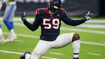 HOUSTON, TEXAS - AUGUST 17: Whitney Mercilus #59 of the Houston Texans celebrates after forcing Josh Johnson #4 of the Detroit Lions to fumble in the first half during a preseason game at NRG Stadium on August 17, 2019 in Houston, Texas. (Photo by Bob Levey/Getty Images)