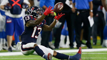 HOUSTON, TEXAS - AUGUST 17: Tyron Johnson #13 of the Houston Texans has a pass slip through his hands in the second quarter against the Detroit Lions at NRG Stadium on August 17, 2019 in Houston, Texas. (Photo by Bob Levey/Getty Images)