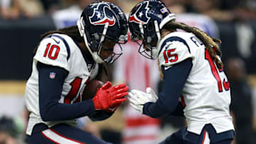 NEW ORLEANS, LOUISIANA - SEPTEMBER 09: DeAndre Hopkins #10 of the Houston Texans celebrates with Will Fuller #15 of the Houston Texans after scoring a touchdown against the New Orleans Saints during a NFL game at the Mercedes Benz Superdome on September 09, 2019 in New Orleans, Louisiana. (Photo by Sean Gardner/Getty Images)