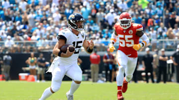 JACKSONVILLE, FLORIDA - SEPTEMBER 08: Gardner Minshew #15 of the Jacksonville Jaguars runs for yardage during the game against the Kansas City Chiefs at TIAA Bank Field on September 08, 2019 in Jacksonville, Florida. (Photo by Sam Greenwood/Getty Images)