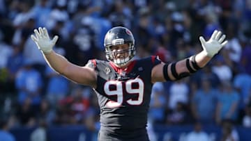 CARSON, CALIFORNIA - SEPTEMBER 22: J.J. Watt #99 of the Houston Texans celebrates in the closing seconds of the game against the Los Angeles Chargers at Dignity Health Sports Park on September 22, 2019 in Carson, California. The Texans defeated the Chargers 27-20. (Photo by Jeff Gross/Getty Images)