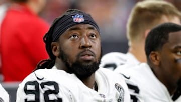 P.J. Hall #92 of the Oakland Raiders now the Houston Texans (Photo by Tim Warner/Getty Images)