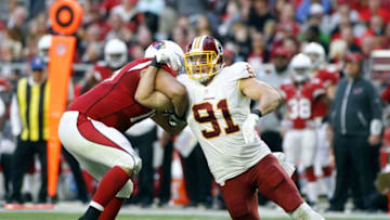 GLENDALE, AZ - DECEMBER 04: Ryan Kerrigan #91 of the Washington Redskins battles through the block of John Ulrick #75 of the Arizona Cardinals during the third quarter of a game at University of Phoenix Stadium on December 4, 2016 in Glendale, Arizona. The Cardinals defeated the Redskins 31-23. (Photo by Ralph Freso/Getty Images)