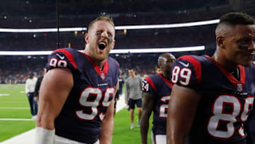 HOUSTON, TX - OCTOBER 08: J.J. Watt #99 of the Houston Texans excites the crowd before the game against the Kansas City Chiefs at NRG Stadium on October 8, 2017 in Houston, Texas. (Photo by Tim Warner/Getty Images)