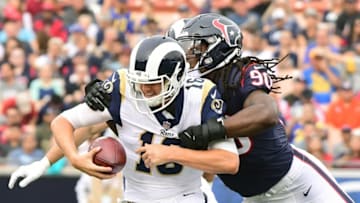 LOS ANGELES, CA - NOVEMBER 12: Jadeveon Clowney #90 of the Houston Texans sacks Jared Goff #16 of the Los Angeles Rams during the first half at the Los Angeles Memorial Coliseum on November 12, 2017 in Los Angeles, California. (Photo by Harry How/Getty Images)
