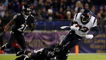 BALTIMORE, MD - NOVEMBER 27: Wide Receiver Braxton Miller #13 of the Houston Texans is tackled after a catch in the third quarter against the Baltimore Ravens at M&T Bank Stadium on November 27, 2017 in Baltimore, Maryland. (Photo by Scott Taetsch/Getty Images)