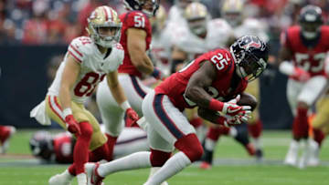 HOUSTON, TX - DECEMBER 10: Kareem Jackson #25 of the Houston Texans intercepts the ball intended for Trent Taylor #81 of the San Francisco 49ers in the first quarter at NRG Stadium on December 10, 2017 in Houston, Texas. (Photo by Tim Warner/Getty Images)