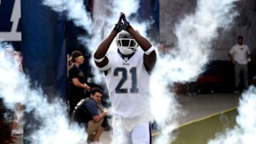 LOS ANGELES, CA - DECEMBER 10: Kayvon Webster #21 of the Los Angeles Rams runs onto the field prior to the game against the Philadelphia Eagles during the game at the Los Angeles Memorial Coliseum on December 10, 2017 in Los Angeles, California. (Photo by Kevork Djansezian/Getty Images)
